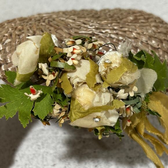 Vintage 40's mini straw hat taupe beige size 22 silk flower buds embellishment - Picture 6 of 9